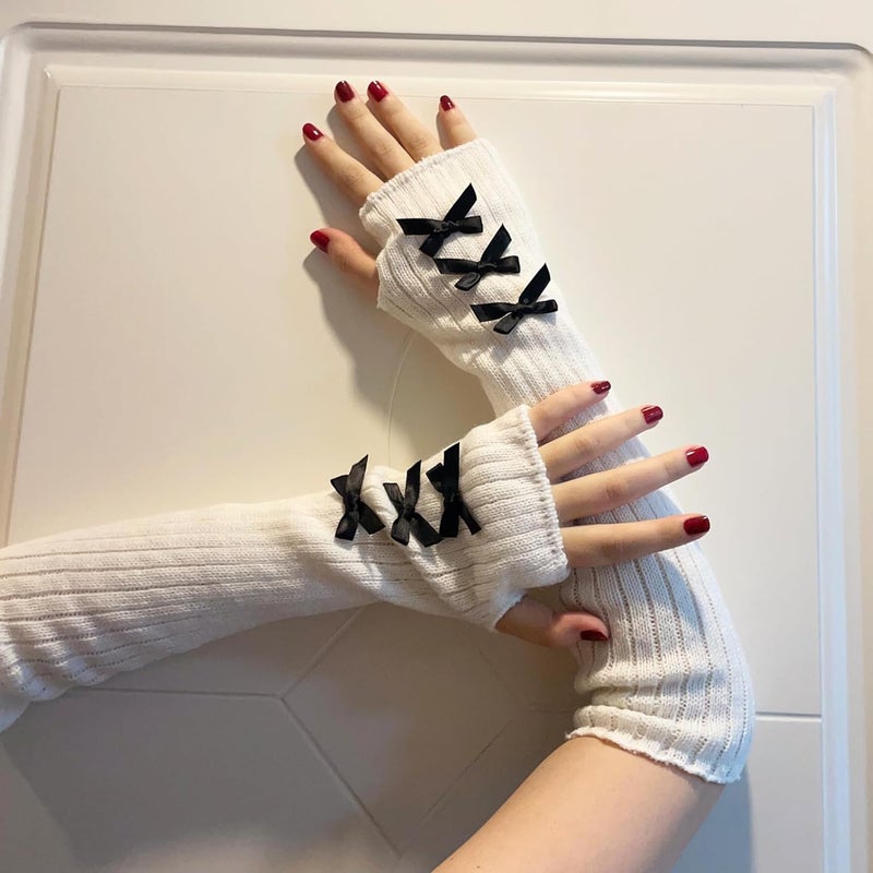 DUNKOING Cute Y2K Arm Warmers Kawaii Knitted Wrist Warmers Long Japanese Harajuku Goth Fingerless Sleeve for Women Girls - Image 2